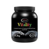 Black plastic jar with black lid labeled omega equine vitality featuring sea buckthorn for optimum equine health
