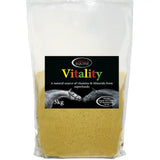 A 3kg bag of omega equine vitality horse supplement with a black label featuring sea buckthorn for optimum equine health
