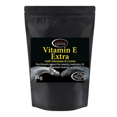Black resealable pouch of omega equine vitamin e extra supplement with selenium and lysine for performance supplements