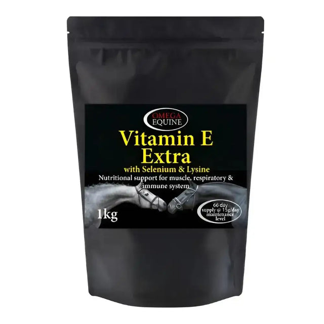 Black resealable pouch of omega equine vitamin e extra supplement with selenium and lysine for performance supplements