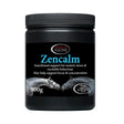 Black cylindrical container of omega equine zencalm 900g supplement helping equines with anxiety and focus