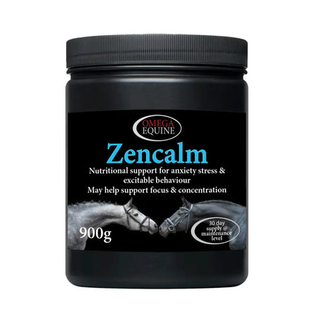 Black cylindrical container of omega equine zencalm 900g supplement helping equines with anxiety and focus