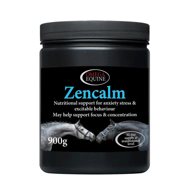 Black cylindrical container of omega equine zencalm 900g supplement helping equines with anxiety and focus