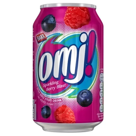 A vibrant pink aluminum can of omj berry blast canned drink featuring a colorful label with blueberries and raspberries