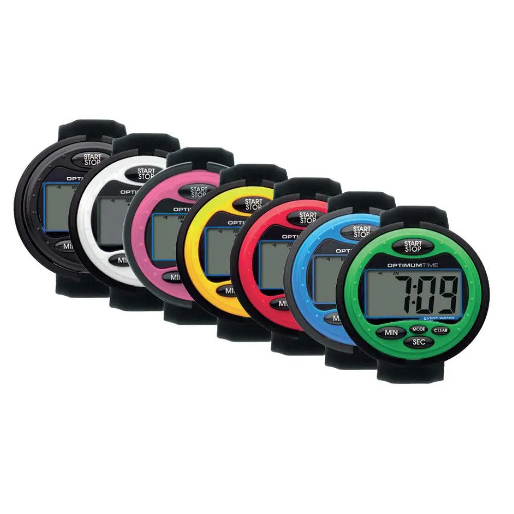 A row of colorful optinum 3-day event stopwatch watches with black casings and programmable time bezels
