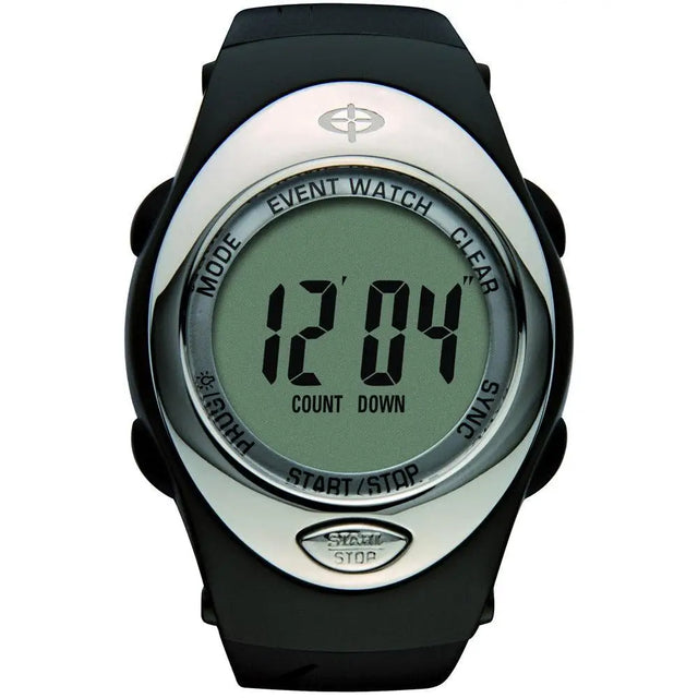 Optimum stop watch compact series 2 black and silver plastic cased watch with fully integrated black rubber strap