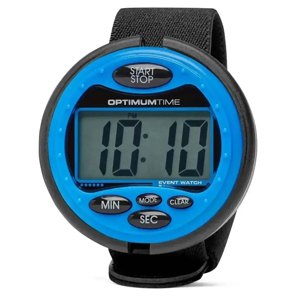 Bright blue digital optimum time 3-day event watch with black buttons and strap ideal for carriage driving trials and pony club events