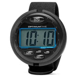 Black optimum time 3-day event watch with blue lcd screen and textured strap perfect for carriage driving trials and pony club events