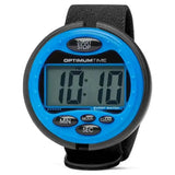 Bright blue optimumtime 3-day event watch with black strap and buttons perfect for carriage driving trials and pony club events