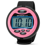 Pink and black optimum time 3-day event watch with blue screen showing 10:10 for carriage driving trials and pony club events