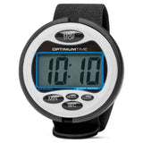 White and black digital optimum time 3-day event watch with blue-lit display showing 10 10 for carriage driving trials and pony club events