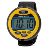 Yellow and black optimum time 3-day digital event watch with blue screen perfect for carriage driving trials and pony club events