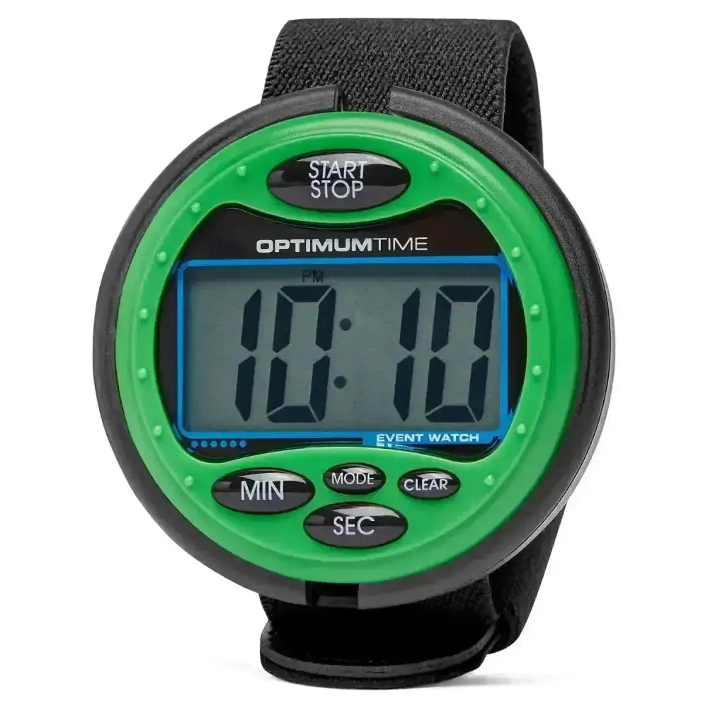 Green and black optimum time 3-day event watch with fabric strap great for carriage driving trials and pony club events