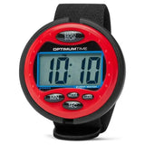 Red and black optimum time 3-day event watch with blue digital screen perfect for carriage driving trials and pony club events