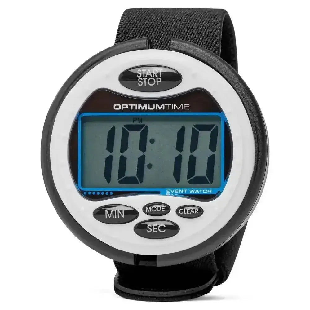 White and black digital optimum time 3-day event watch with blue screen and buttons for carriage driving trials and pony club events
