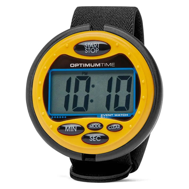 Optimum time 3-day digital event watch in yellow and black with blue display screen ideal for pony club events and carriage driving trials