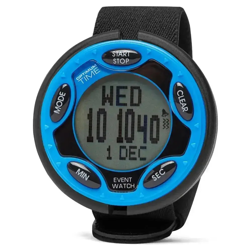 Blue and black optimum time rechargeable event watch with textured strap and event watch features for sports use