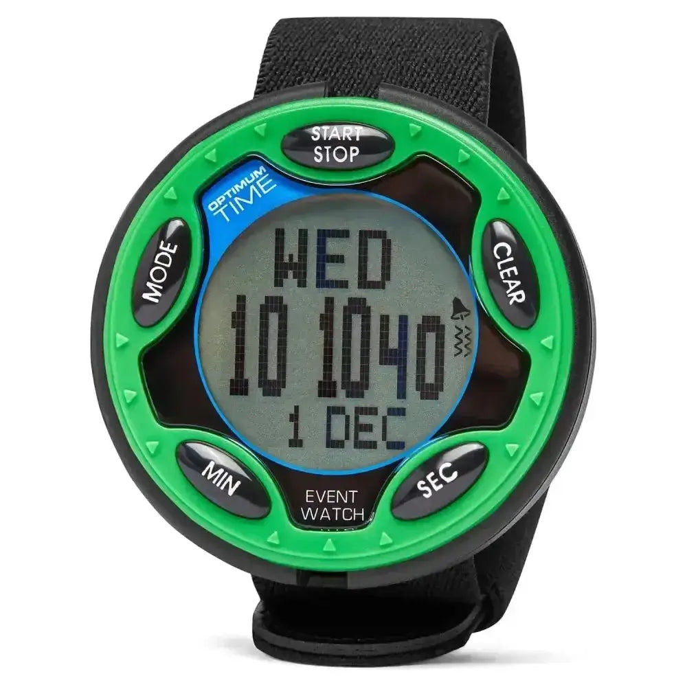 Green and black optimum time rechargeable event watch with textured strap and event watch features for sports use