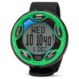 Green and black optimum time rechargeable event watch with textured strap and event watch features for sports use