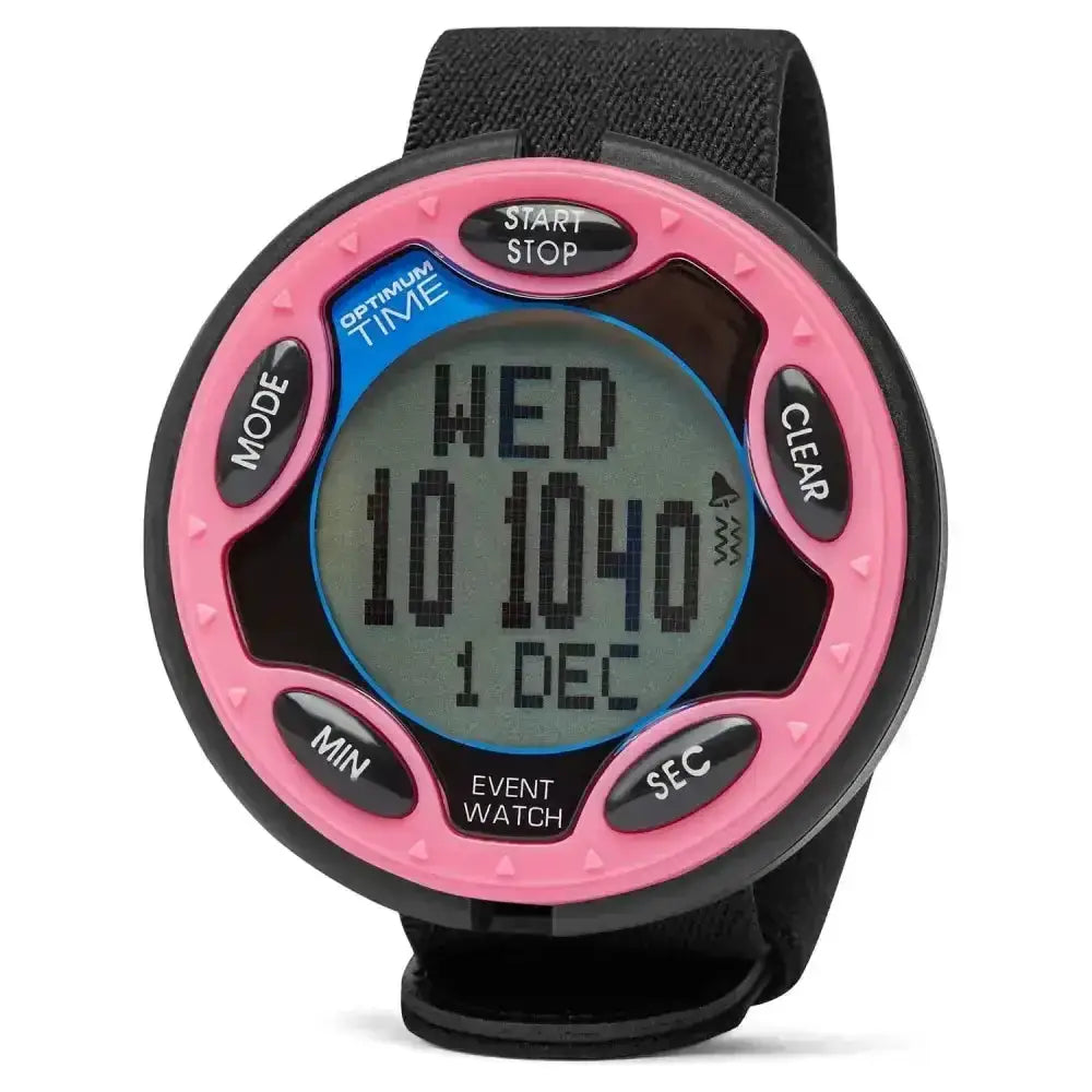 Pink and black optimum time rechargeable event watch with textured strap and rechargeable event watch features