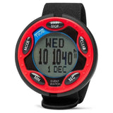 Red and black optimum time rechargeable event watch with textured strap and event watch features for sports use