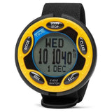 Yellow and black optimum time rechargeable event watch with textured strap and digital display for sports use