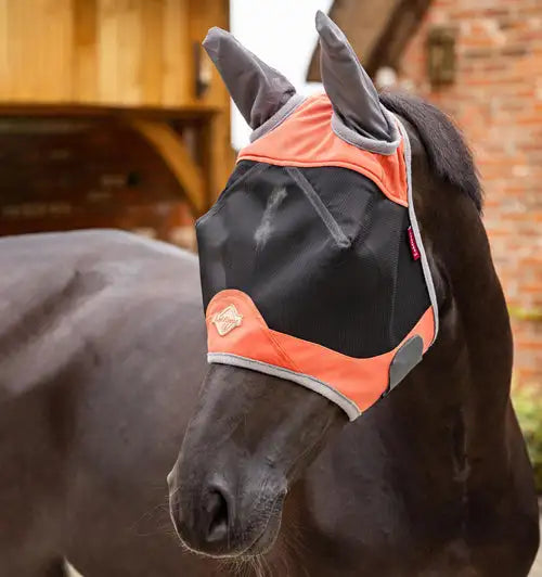 Orange and black mesh horse fly mask with gray trim.