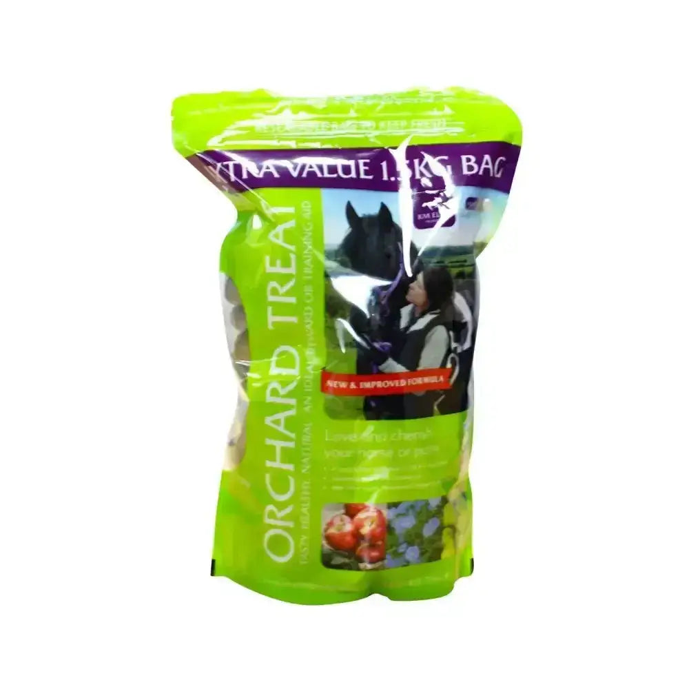 Lime green plastic bag of orchard treats 1.5kg with a purple label showing a person with a horse palatable nugget