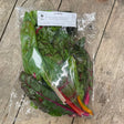 A fresh package of hand grown organic chard with vibrant green leaves and colorful red pink and orange stems