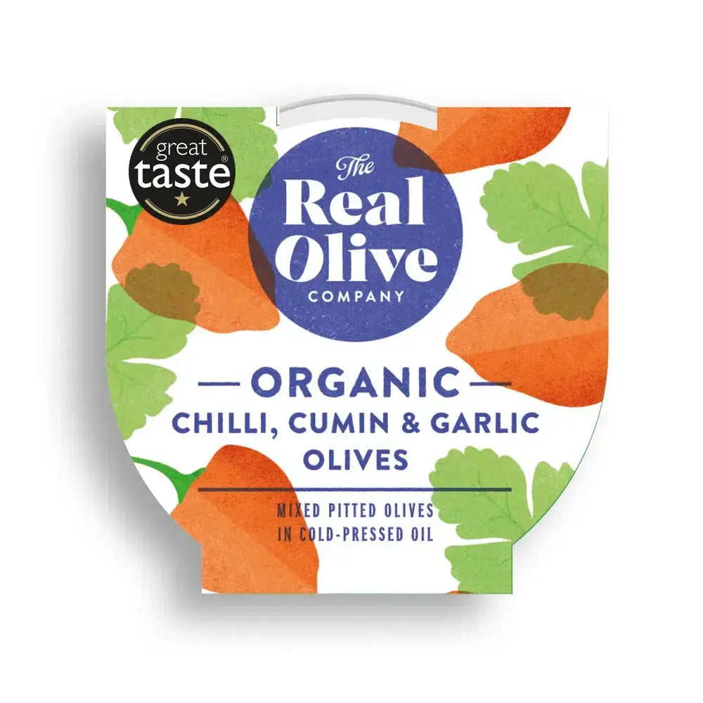 Organic chili cumin garlic pitted olives in a colorful container with green olives and delphi stuffed green details