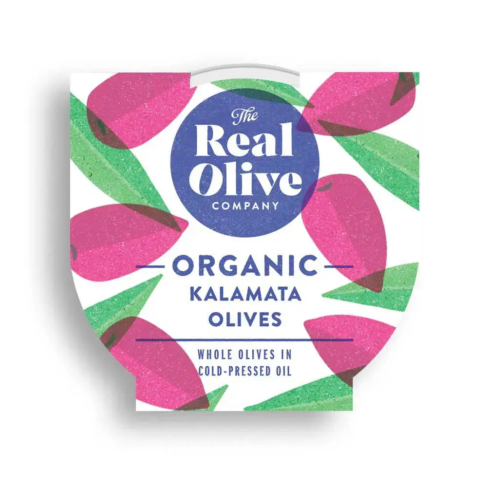 Organic kalamata whole olives by the real olive company in pink green leaf container packed in cold pressed oil, stuffed green olives alternative