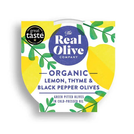 The real olive company organic lemon thyme and black pepper pitted green olives in a vibrant yellow green container