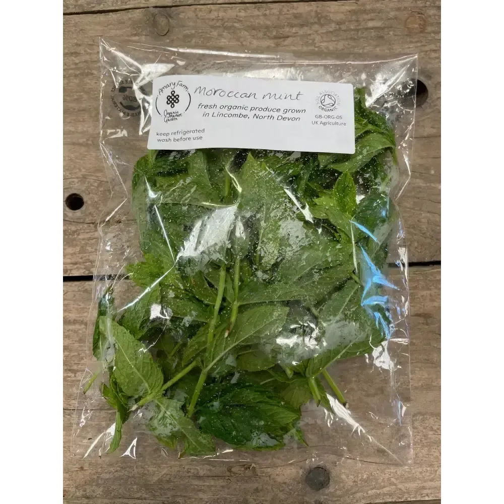 A clear plastic bag filled with fresh vibrant green organic mint leaves from an organically certified farm