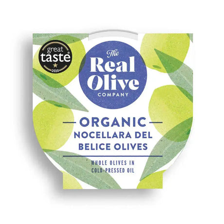 The real olive company organic nocellara del belice whole olives in cold pressed oil in green and white container with leafy design