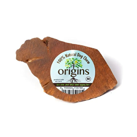 Brown irregular natural dog chew treat with origins root label from origins root chews medium 300g 500g pack