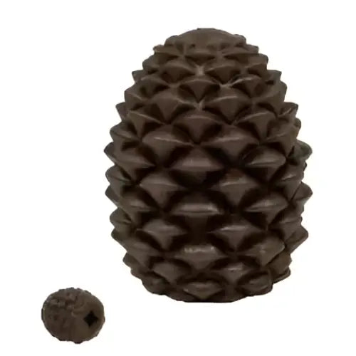 Dark brown textured orva pine cone treat dispensing toy with smaller matching cone dog toy nearby