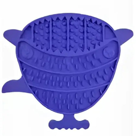 Purple silicone orva puffer fish lick mat shaped like a whale with textured ridges for dog grooming and puffer fish lick