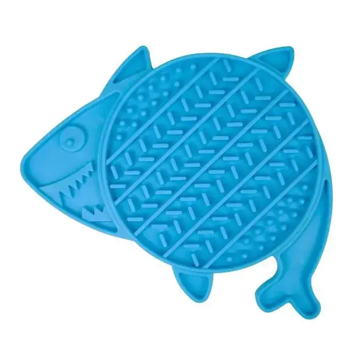Blue silicone shark lick mat with textured surface for pets from orva shark lick collection