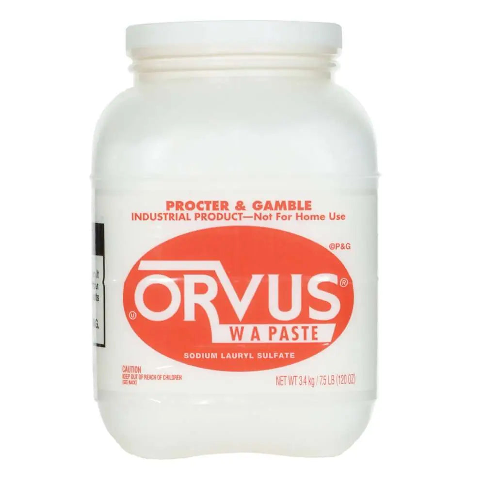 White plastic jar of orvus paste by procter and gamble industrial cleaning product for equestrian use on horses