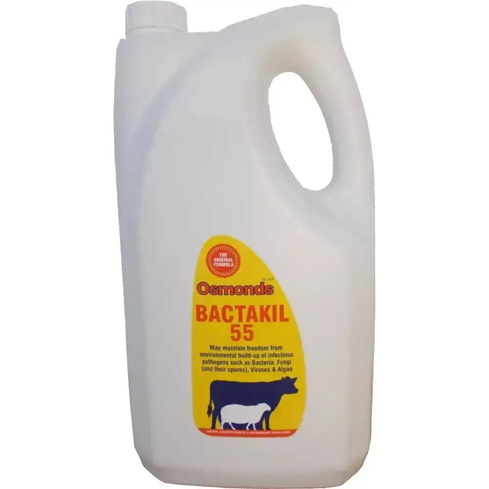 White plastic jug of osmonds bactakil 55 with yellow label showing adult cow and calf silhouettes and broad-spectrum biocides