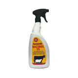 White plastic spray bottle with black nozzle and yellow label featuring osmonds bactakil broad-spectrum biocides and cow silhouettes