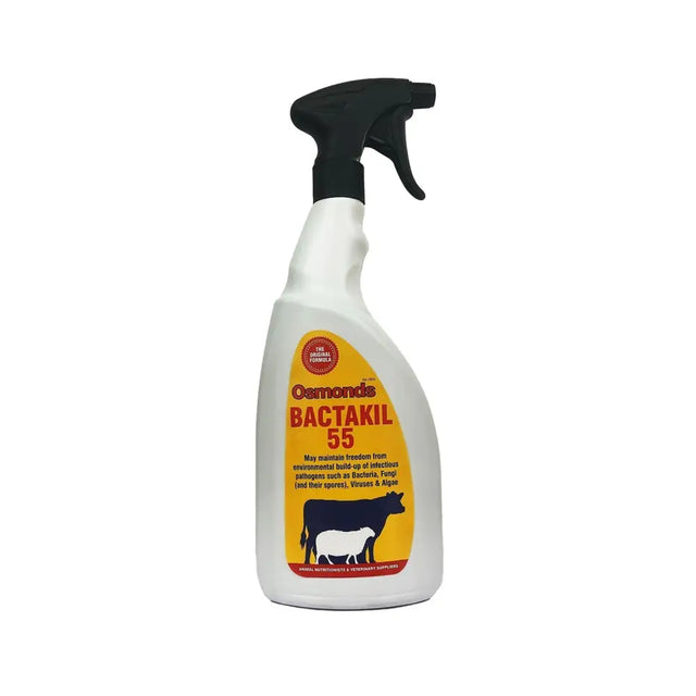 White plastic spray bottle with black nozzle and yellow label featuring osmonds bactakil broad-spectrum biocides and cow silhouettes