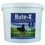 White plastic bucket of Osmonds Bute-X dry blend featuring a blue green label with a black horse and chondroitin sulphate