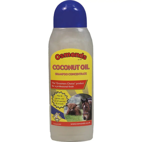 Osmonds coconut oil shampoo concentrate in a clear bottle with blue cap and yellow label for quality concentrated shampoo use