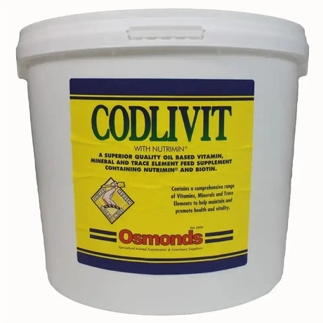 White plastic bucket of osmonds codlivit horse vitamins with copper trace element feed and bright yellow navy label