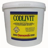 White plastic bucket of osmonds codlivit horse vitamins with copper bright yellow label trace element feed