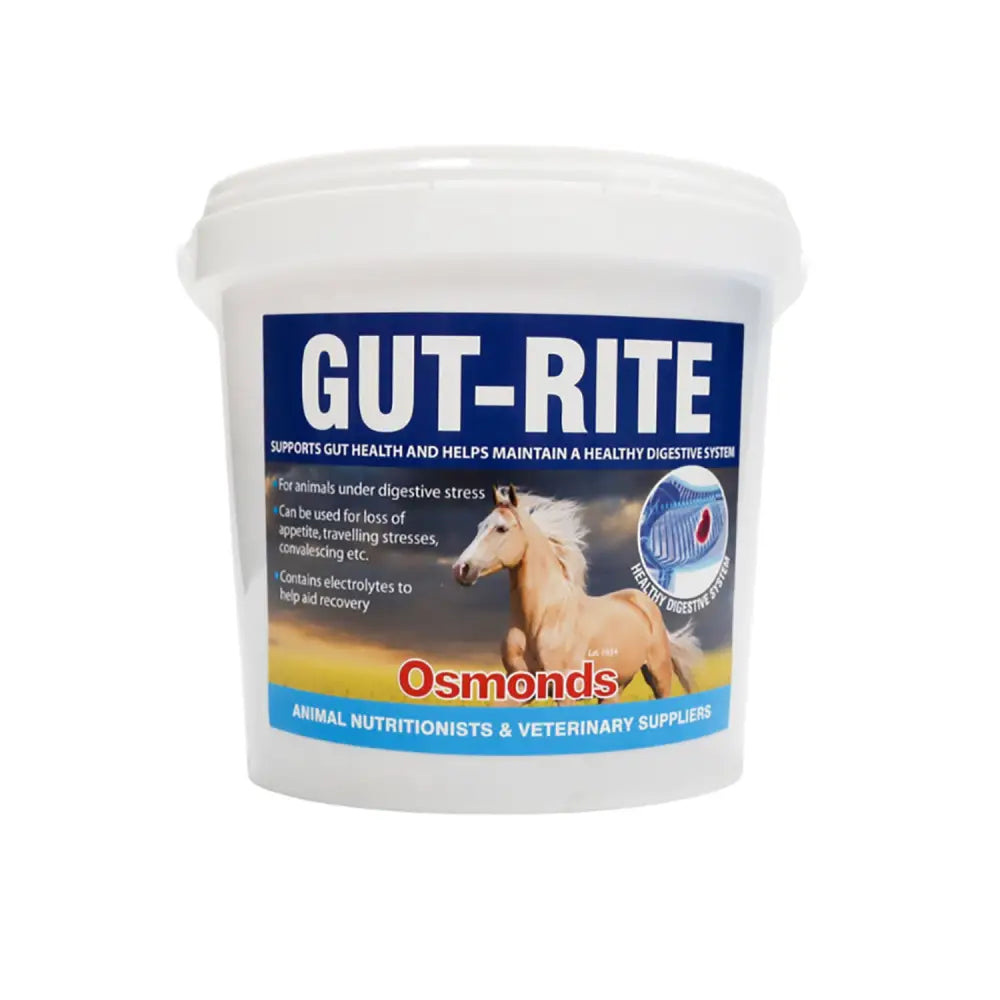 White plastic tub of osmonds gut-rite for horses supplement supports healthy digestive activity helps equestrian care