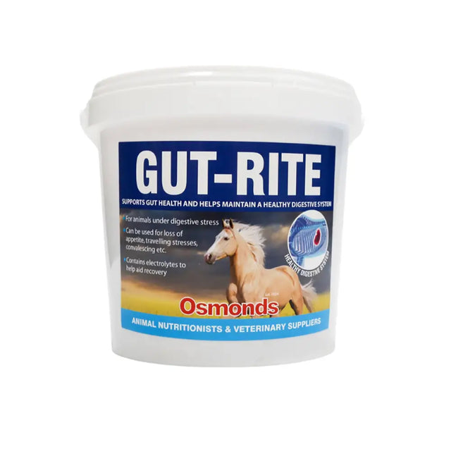 White plastic tub of osmonds gut-rite for horses supplement supports healthy digestive activity helps equestrian care