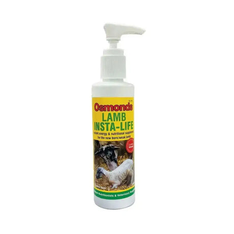 White plastic pump bottle labeled osmonds lamb insta-life with lamb images all-natural supplement for top load use