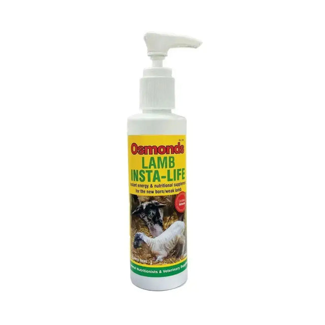White plastic pump bottle labeled osmonds lamb insta-life with lamb images all-natural supplement for top load use